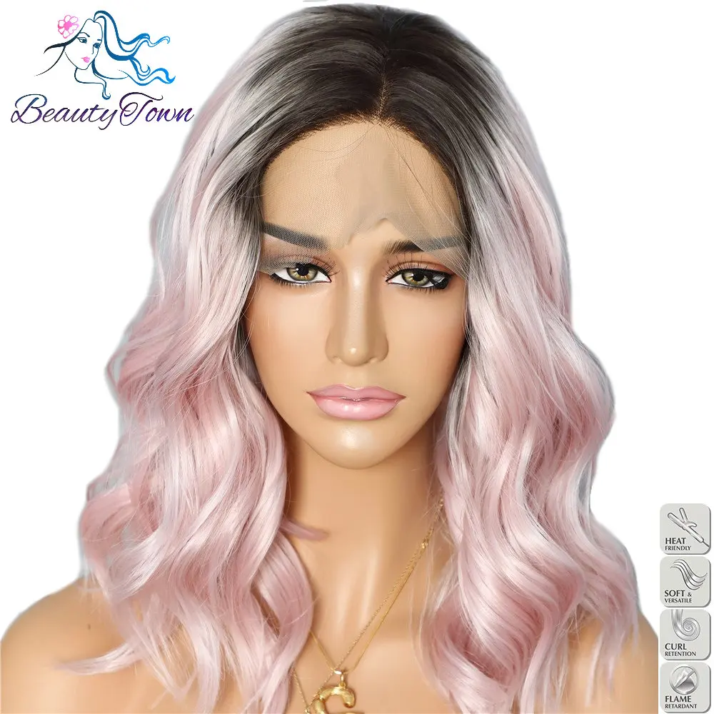 

BeautyTown Dark Root Ombre Pink Colorful Short Hair Blogger Daily Makeup Glueless Synthetic Lace Front Wedding Party Wigs