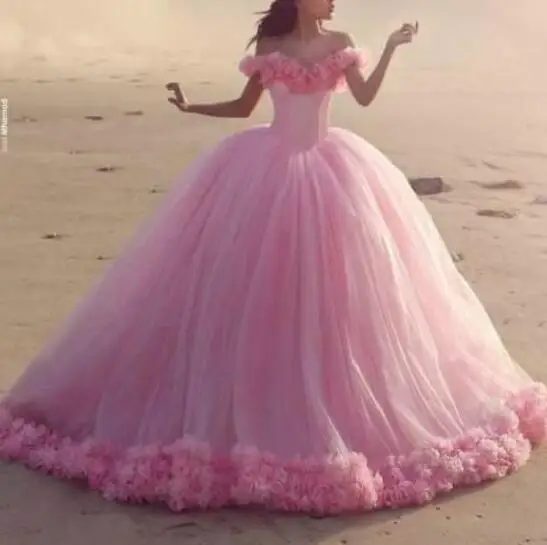 

Puffy Tulle 2020 Portrait Pink Quinceanera Gowns Princess Photos Formal Long Ball Gown Chapel Train Off Shoulder 3D Flowers