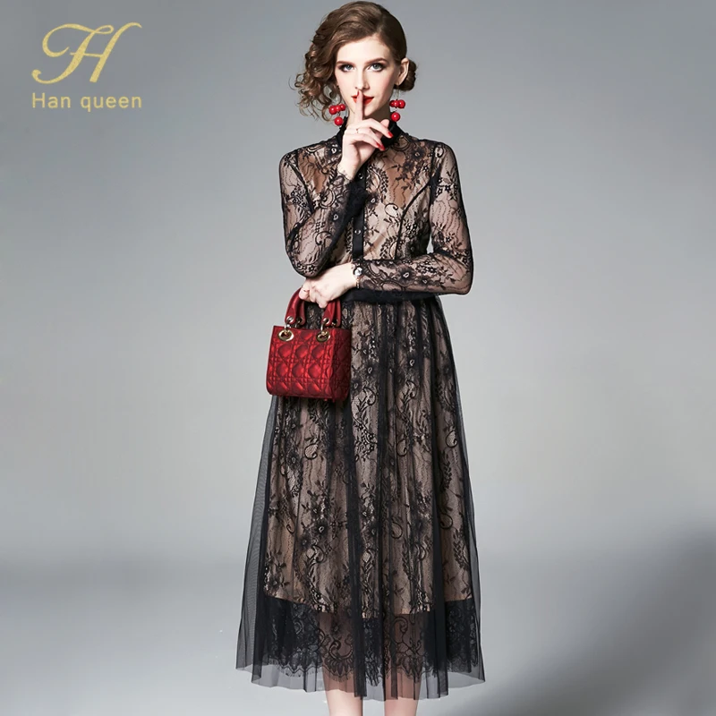 Black H Han queen роскошное осеннее кружевное платье для работы, повседневные тонкие женские вечерние платья из сетчатой ткани, однобортное ТРАПЕЦИЕВИДНОЕ винтажное платье - Цвет: Black
