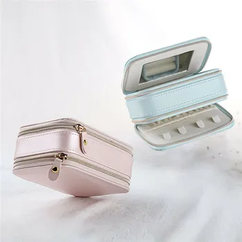 

Double-layer Zip Closure Jewelry Storage Box with Mirror Portable Leather Earrings Ring Storage Organizer Travel Organizer Case