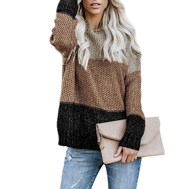 

2019 Autumn Winter Contrast Color Sweater Women Long Sleeve Jumper Sweater And Pullover Knitted Sweater pull femme