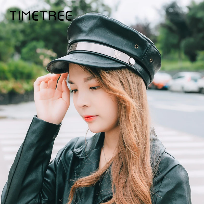 

Fashion Beanies Navy Caps Women Flat Top Black Casual Soft Hats Metal Button Berets Caps Outdoor Windproof Beret lady Hat&Caps