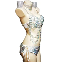 

Luxurious Sparkling Rhinestones Bikini Set Women Evening Prom Bra Shorts Nightclub Singer Stage Show Belly Jazz Dance Costumes