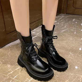 

Women Platform Mid Calf Boots Ladies PU Leather Shoes Woman Lace Up Fashion Comfort Footwear Female Zipper Autumn Boots 2020
