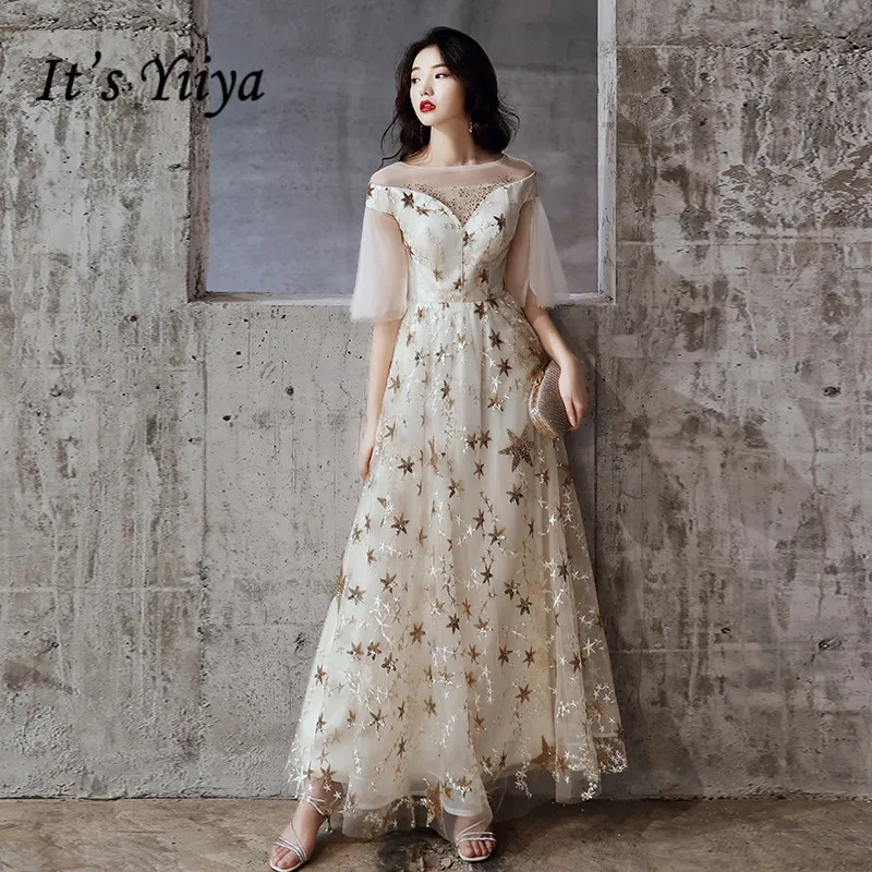 Это Yiiya вечернее платье Элегантное с o-образным вырезом и звездами вечерние платья Половина рукава размера плюс вечерние платья длинное платье LF178