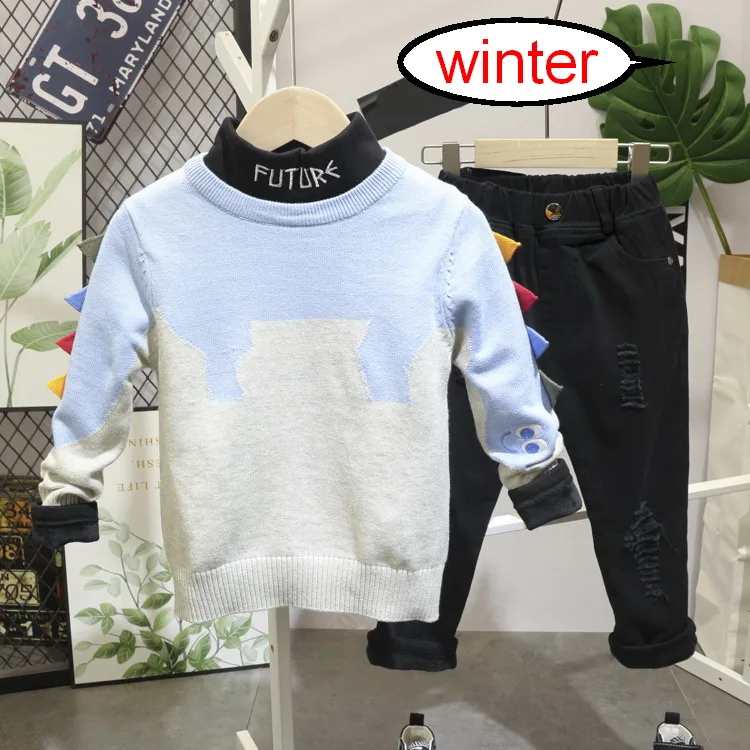 3pcs set Зимние комплекты одежды для мальчиков вязаный свитер для мальчика+ Плюшевые футболки+ плюс Штаны 3 шт./компл. детская одежда спортивные костюмы 2-6years - Цвет: 3pcs set