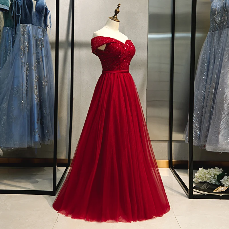 SSYFashion банкетное элегантное бордовое вечернее платье с горловиной лодочка