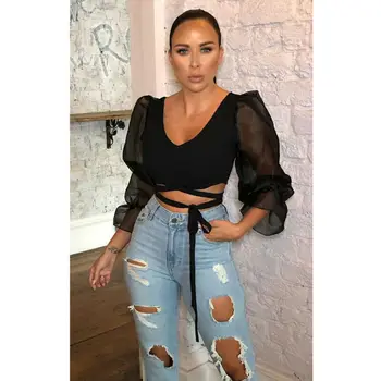 

Sexy Shirt Mesh Transparent Blouse Shirts Women puff sleeve top Long Sleeve Slim Women Blouse Black Crop Tops koszula damska