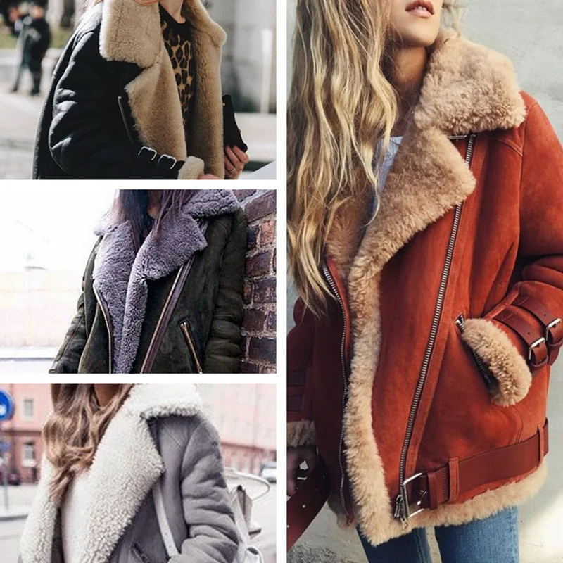 

New Womens Jacket Lambs Wool Liner Short Coat Aviator Leather Jacket Winter Artificial Lapel Fur Top Locomotive thick Coat Women