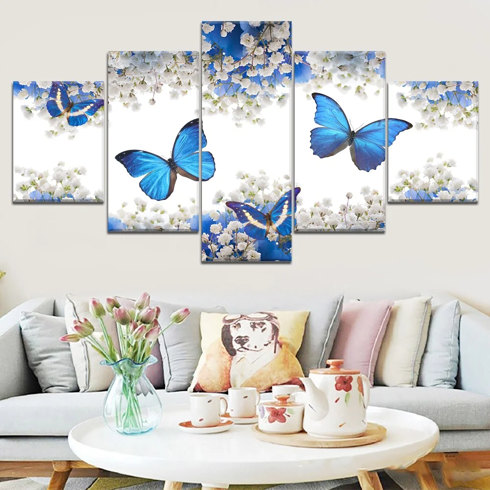 Paintings Canvas 5 Piece HD Print Flowers Blue Butterfly Animal Decoration  Wall Art for Home Decorations Wall Decor - AliExpress, image size:1000x1000