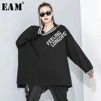 

[EAM] Women Black Letter Print Split Joint Big Size T-shirt New V-Neck Long Sleeve Fashion Tide Spring Autumn 2020 1R177