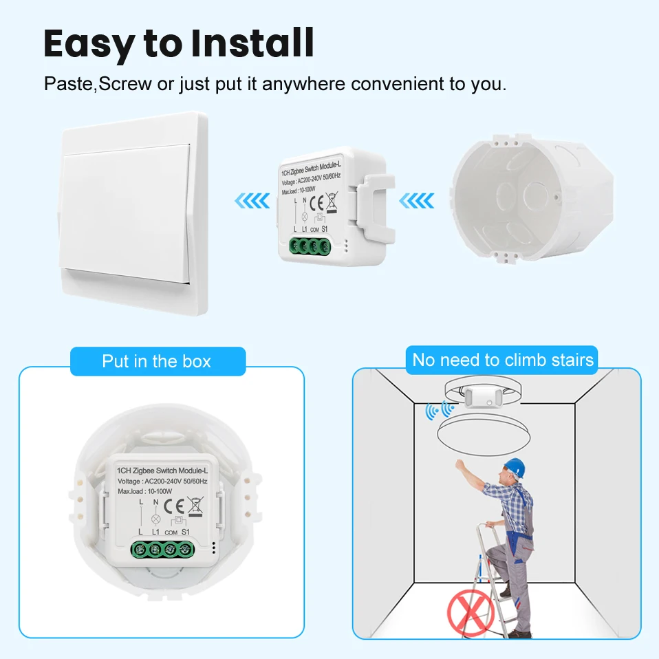 AVATTO Smart Zigbee Switch Module No Neutral Wire Required,Tuya 1/2/3 Gang Switch with 2 Way Control Work with Alexa Google Home rubber switch cap