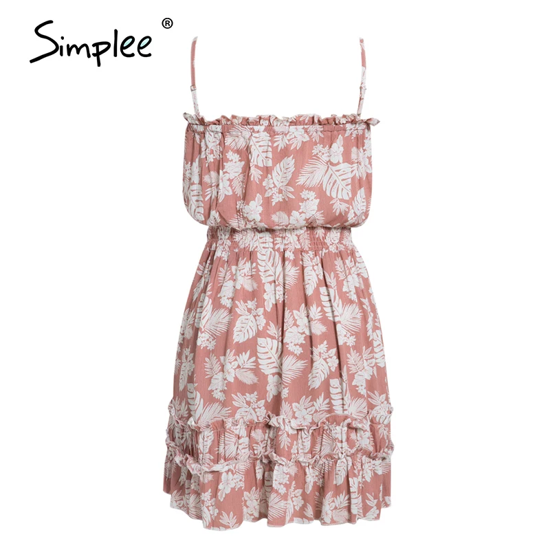 Simplee Sleeveless floral print tube dress Women sexy high wasit ruffled mini dress Casual lady chic beach holiday summe dress