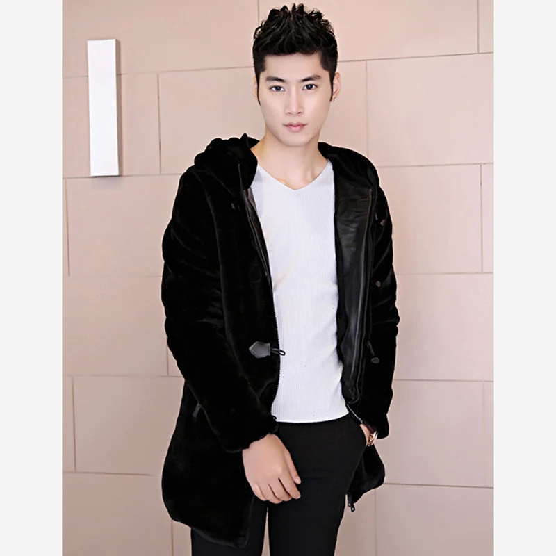 Faux Fur Coat 2019 Winter Men Jacket Warm Black Imitation Fox Fur Long Round Neck Hat 2