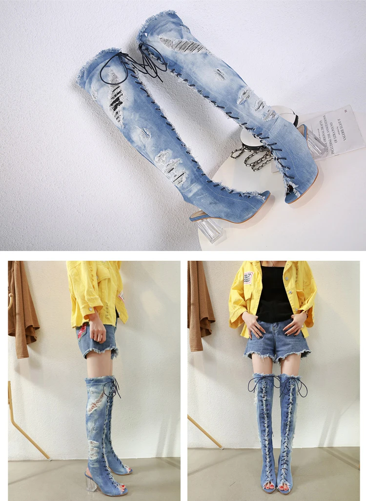WEIQIAONA New Autumn crystal thick with denim boots high heel fish mouth strap nightclub Party Shoes Wedding Shoes Sandals Boots