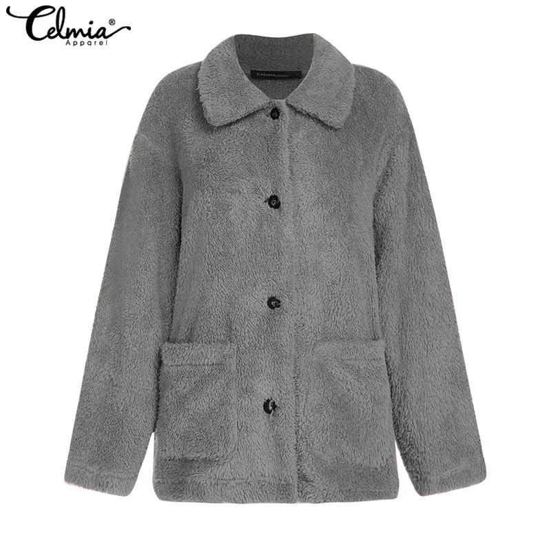 Promo  Celmia Plus Size Fashion Warm Faux Fur Coats Women Long Sleeve Pockets Solid Fleece Jackets Casual 