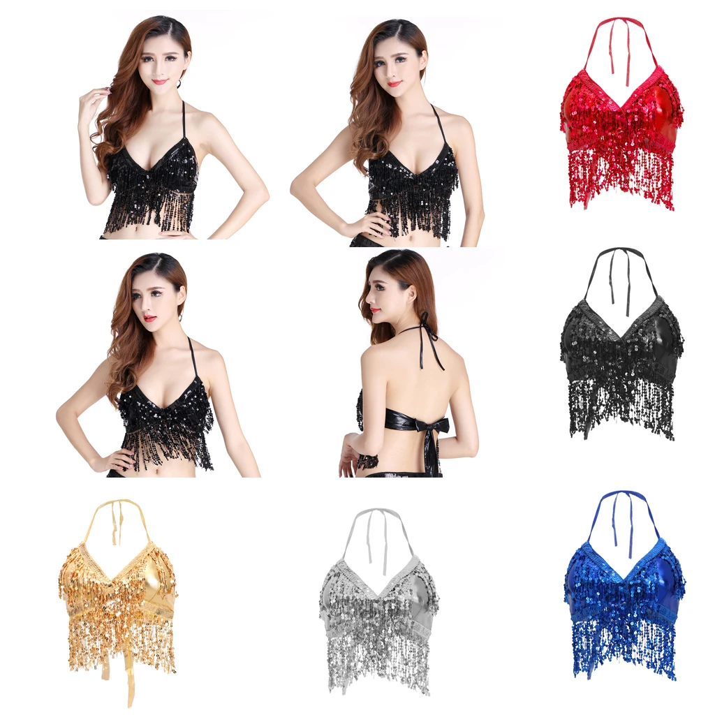 Women Black Belly Dance Costumes Gold Color Halter Top Bra Sequined Tassel Dance Costume Red Stage show clothes