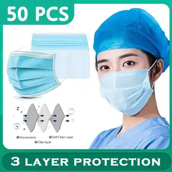 

50PCS/box Disposable Face Masks Protective Masks 3 Layers Thick Non-woven Filter Anti Pollution pm2.5 Anti-dust Face Mouth Masks