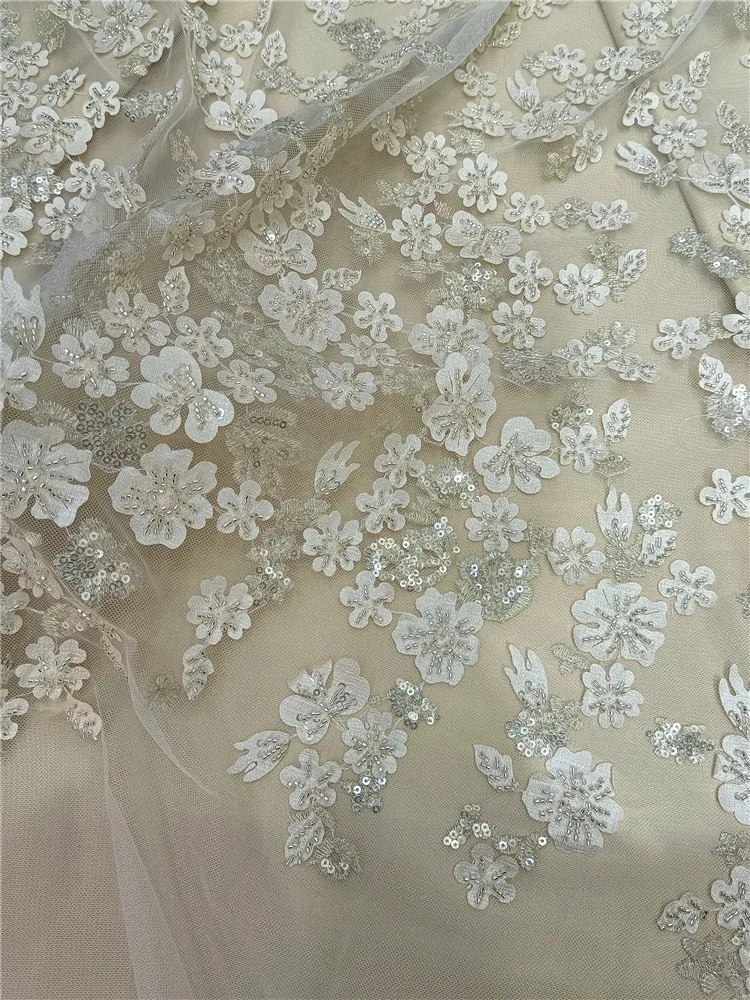 

White applique Cilver beads embroidery tulle lace fabric/evening dress/wedding design fabric/embroidered French mesh lace