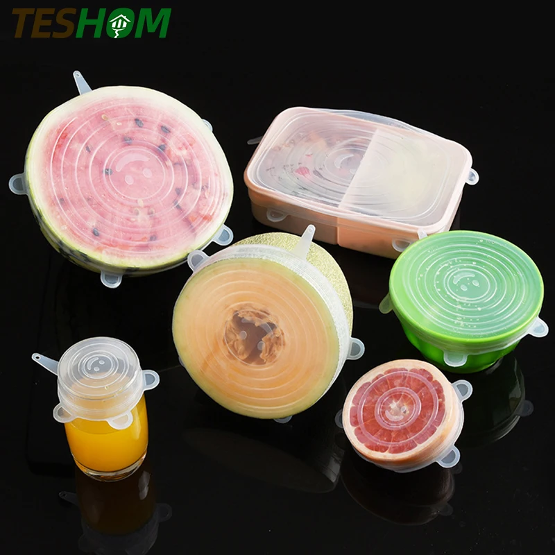 

6pcs Reusable Silicone Food Cover Elastic Stretch Adjustable Bowl Lids Universal Kitchen Wrap Seal Fresh Keeping Silicone Caps