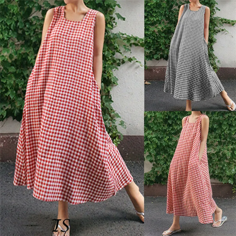 

Women's Lady Casual and Loose Ultrathin and Soft Plaid O-Neck Sundress Tops Sleeveless Long Tank Dresses