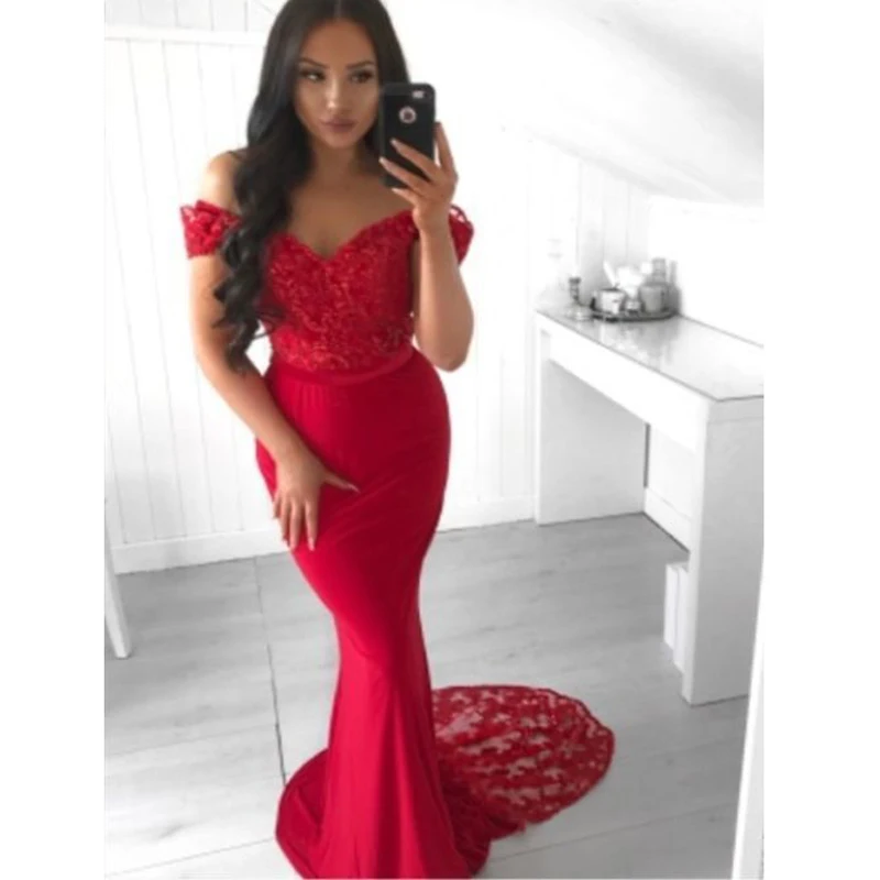 

HWTX_Bridal Red Mermaid Evening Dress 2020 New Customize Lace Off The Shoulder Arabic Dubai Long Prom Party Dress Formal Gown
