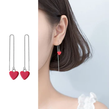 

Mocanie Romantic 925 Sterling Silver Red Enamel Tassel Hearts Dangle Earring for Women Geometric Line Drop Earring Fine Jewelry