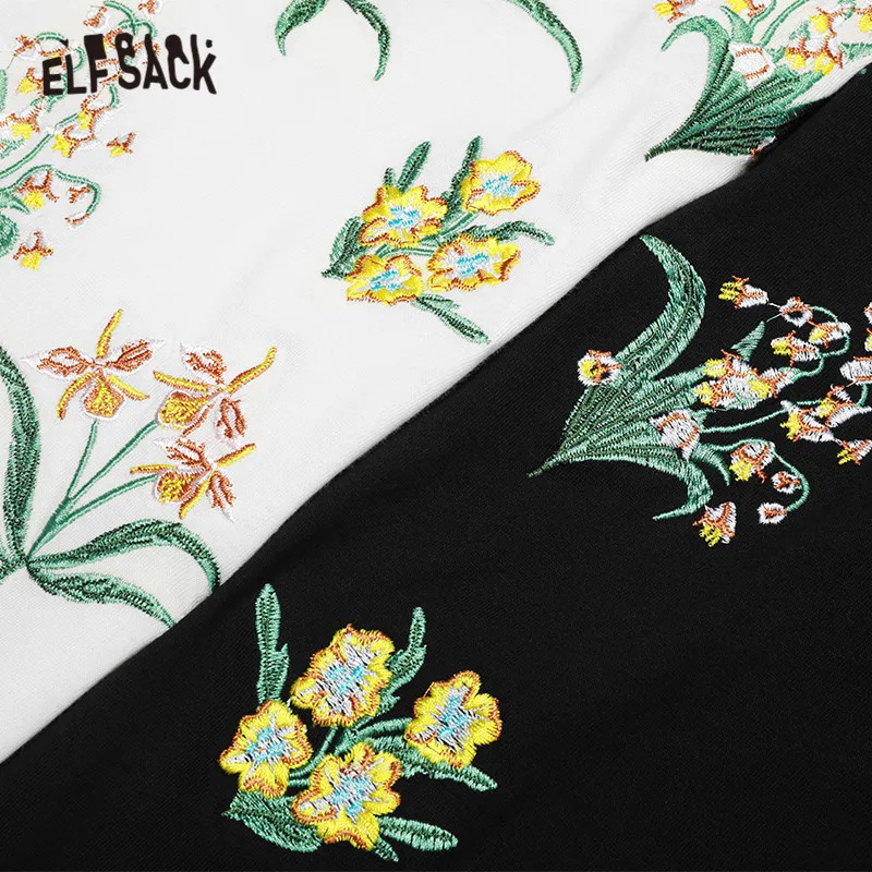 ELFSACK, черная Повседневная футболка с цветочным принтом и вышивкой, Женский Топ, летняя уличная одежда, женская футболка с коротким рукавом