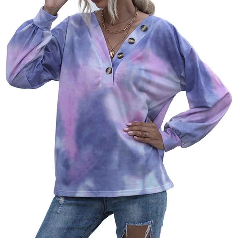 

V Neck Tie Dye Printed Sweatshirt Button Long Sleeve Loose Pullovers Sexy Mujer Clothes 2020 Autumn Women Streetwear