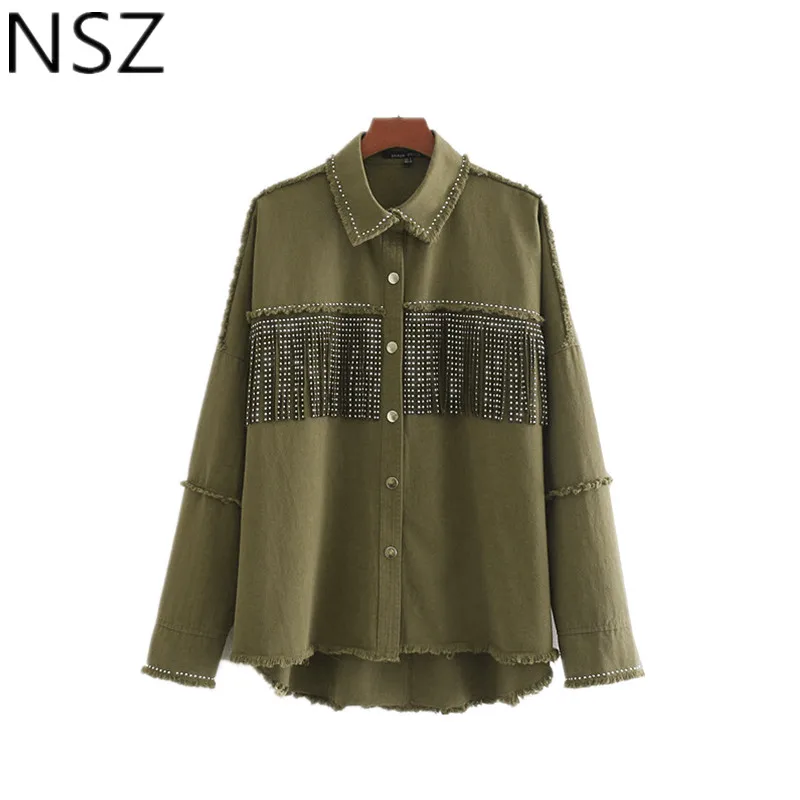 

NSZ Women Army Green Military Tassel Rivet Oversized Denim Coat Jeans Jacket Long Sleeve Turn Down Collar Fringed Outerwear