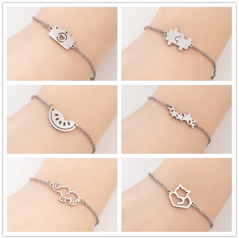 

Oly2u Stainless Steel Silver Color Chain Link Funny Camera Watermelon Bracelets Bangles Multiple Star Summer Jewelry for Women