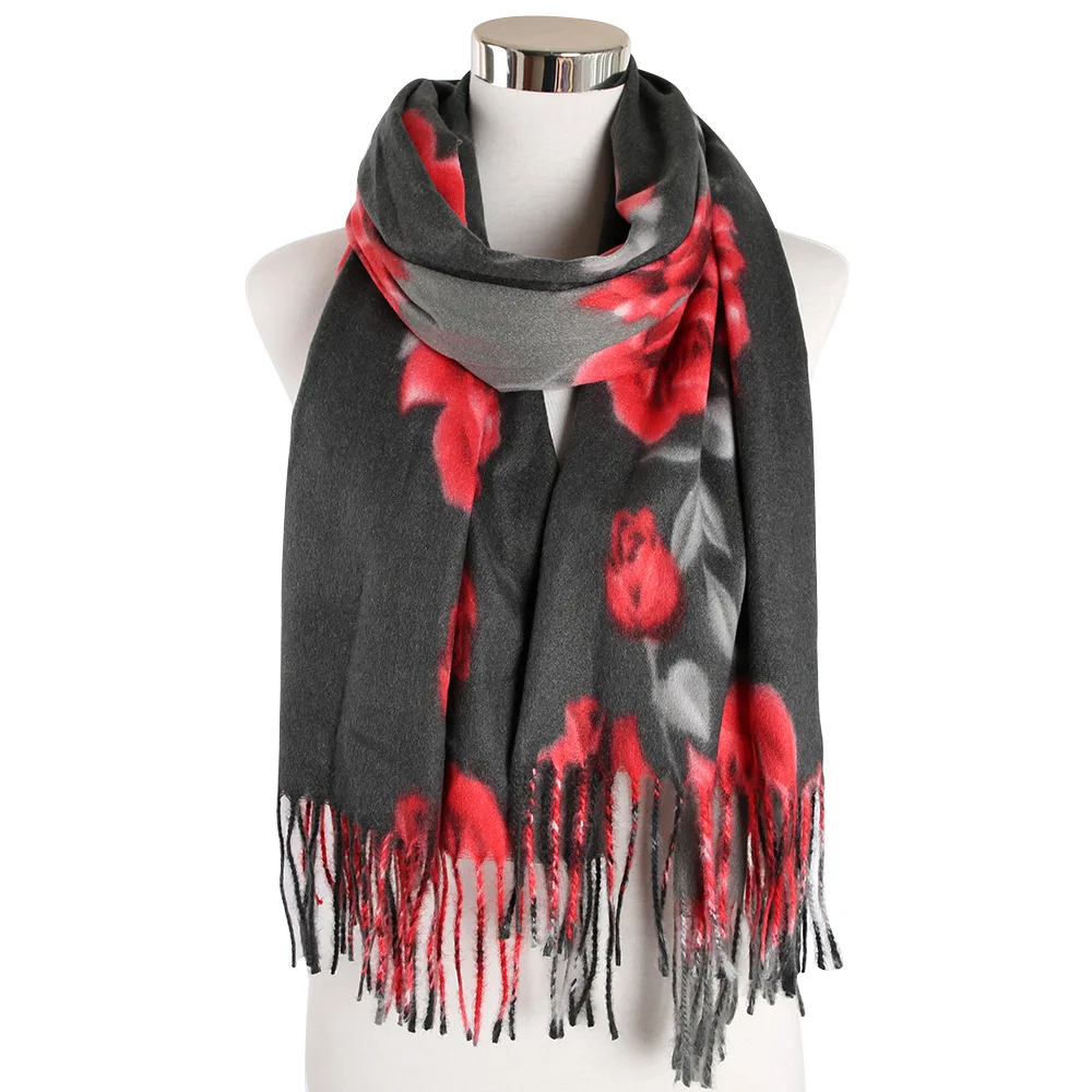 Flowers Cashmere-like Scarf Female Fashion New 60*180CM Thicken Warm Autumn Winter Windproof Tassels Decoration Scarf Shawls