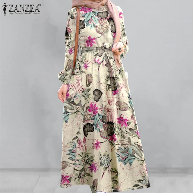 Retro Floral Printed Maxi Dress Women's Autumn Sundress 2021 ZANZEA Female Abaya Dubai Hijab Muslim Dress Kaftan Vestidos Robe 1