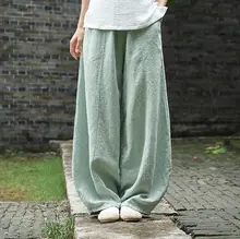  Spring Summer 2023 Cotton Linen Style Bloomers Wide Leg Pants Women Vintage Full Length Elegent Pants Solid Elasitic Waist S-5XL 