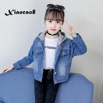 

Baby Toddler girls hooded denim jackets kids autumn outwear clothes children embroidered letter coats girls fall jacket 4~13Y