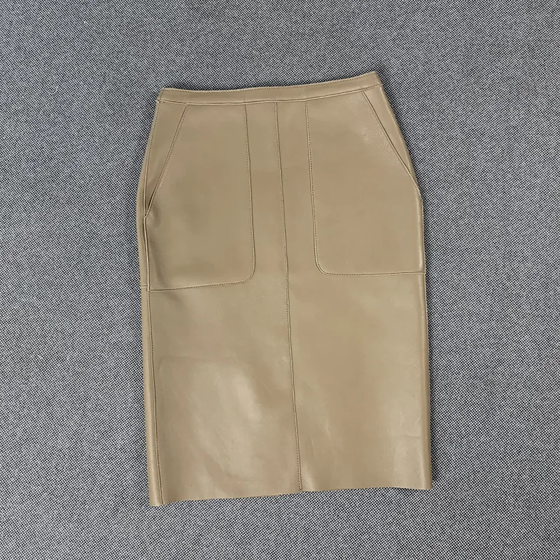 Chic OL elegant leather skirts Brand new high quality genuine leather pencil skirts B395 - Цвет: Хаки