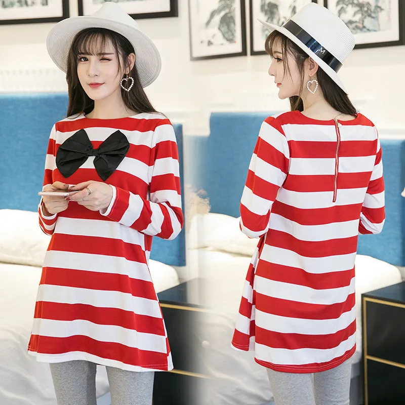 

2018 Pregnant Women Set Maternity Clothes New Style Autumn Clothing Stripes Bow Long-sleeved Dress Maternity Pants
