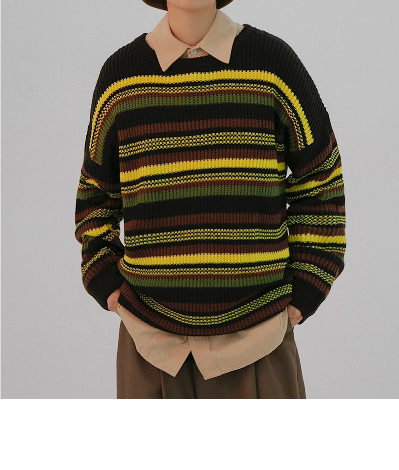 Autumn Striped Sweater Men Fashion Contrast Color Casual Knit Sweaters Men Loose Long-sleeved Pullover Sweter Man Clothes M-2XL