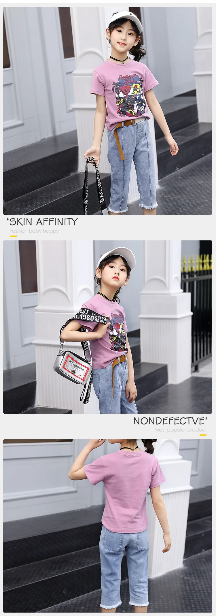Korean Clothes Kids Denim Jeans Girls Cartoon T-Shirt Summer Fashion Wear Girls Denim Pants Jeans Clothing Casual Set For Kids