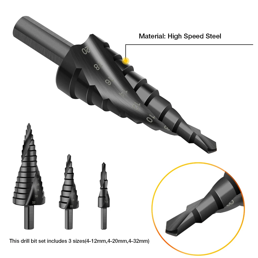 3 ПК ступенчатое сверло набор HSS Кобальт шаг ступенчатый азота высокой Скорость Сталь спираль для металлический конус Треугольники хвостовик отверстие 4-12/20/32 мм
