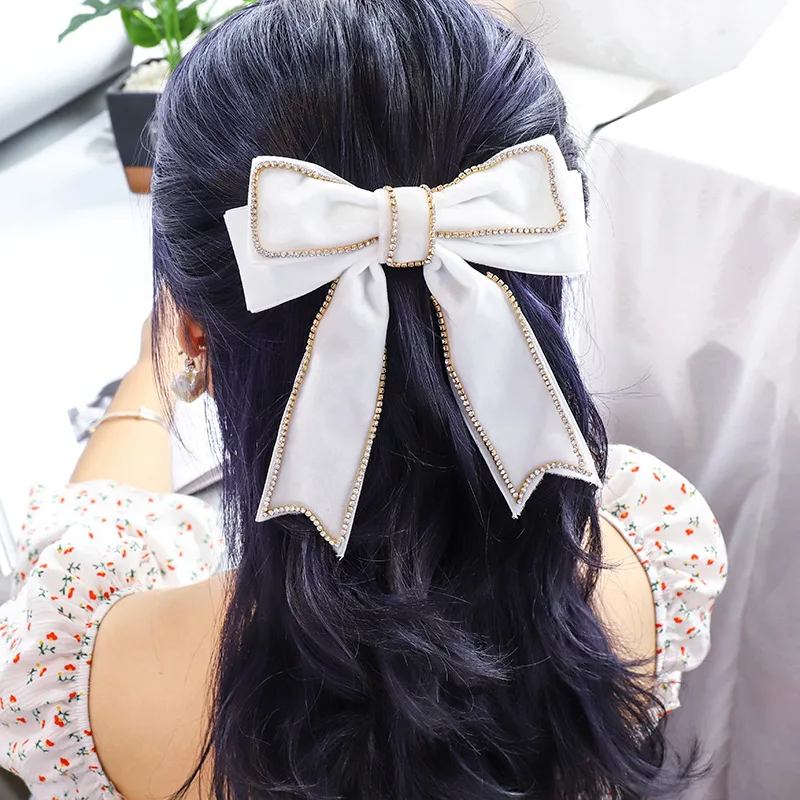 

Блестящий бант Стразы для конского хвоста, украшение для волос ручной работы, новые аксессуары для волос, бархатные зажимы, Длинные ленты для волос, шпильки для волос