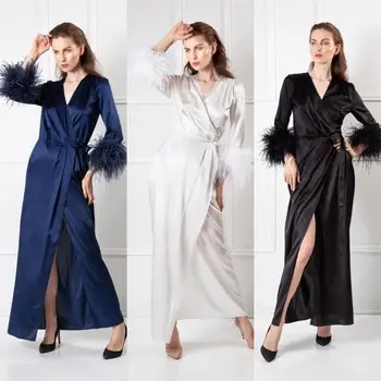 

Custom Made Ankle Length Nightgown Robes V Neck Cap Long Sleeve Feathers Sexy Women's Ladies Bride Robe Bath Robe Nightgowns