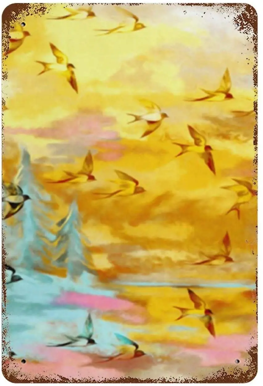 

LAOJI DIBIOUR Abstract Landscape with Swallows at Sunset Vintage Tin Metal Sign Pub Club Cafe Bar Home Wall Art Decoration