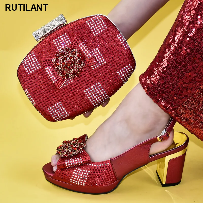 

Elegant Shoes and Bags To Match on Sale African Shoe and Bag Set Decorated with Rhinestone Summer High Heeled Shoes for Women