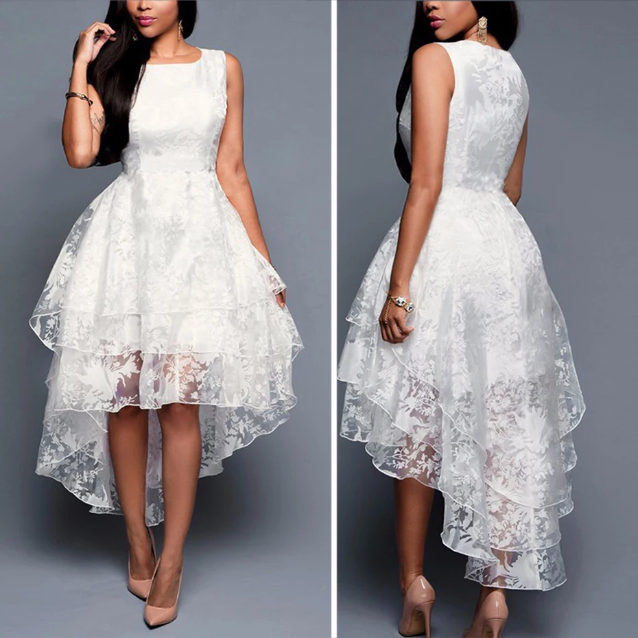 

Round Women's Dress Evening Neck Cocktail Sleeveless High Low Tulle Irregular Long Prom Lace