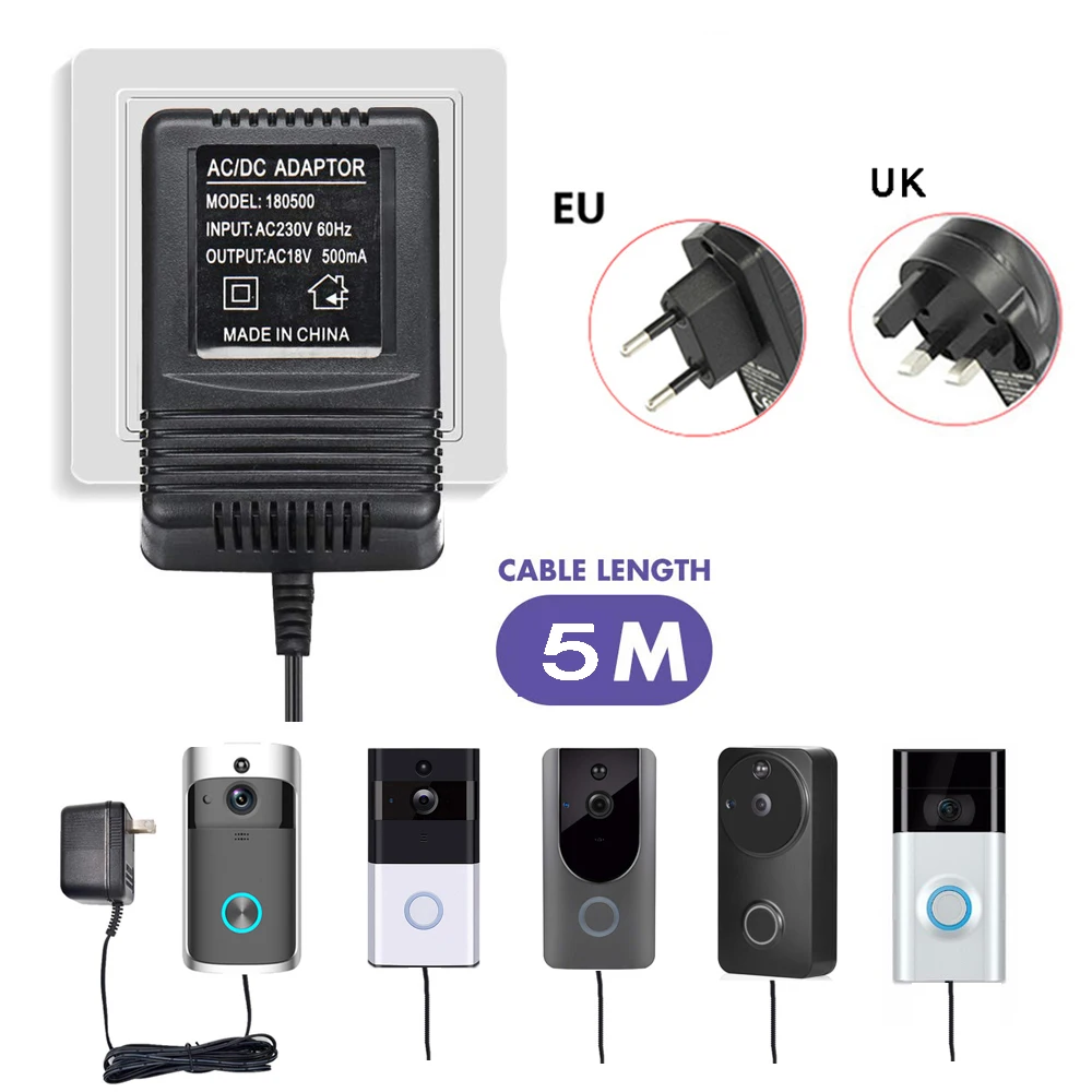 Transformador de CA de 18V, Cable de 5 metros, adaptador de alimentación de la Cámara, Wifi, para videoportero IP, timbre inalámbrico, 220V-240V