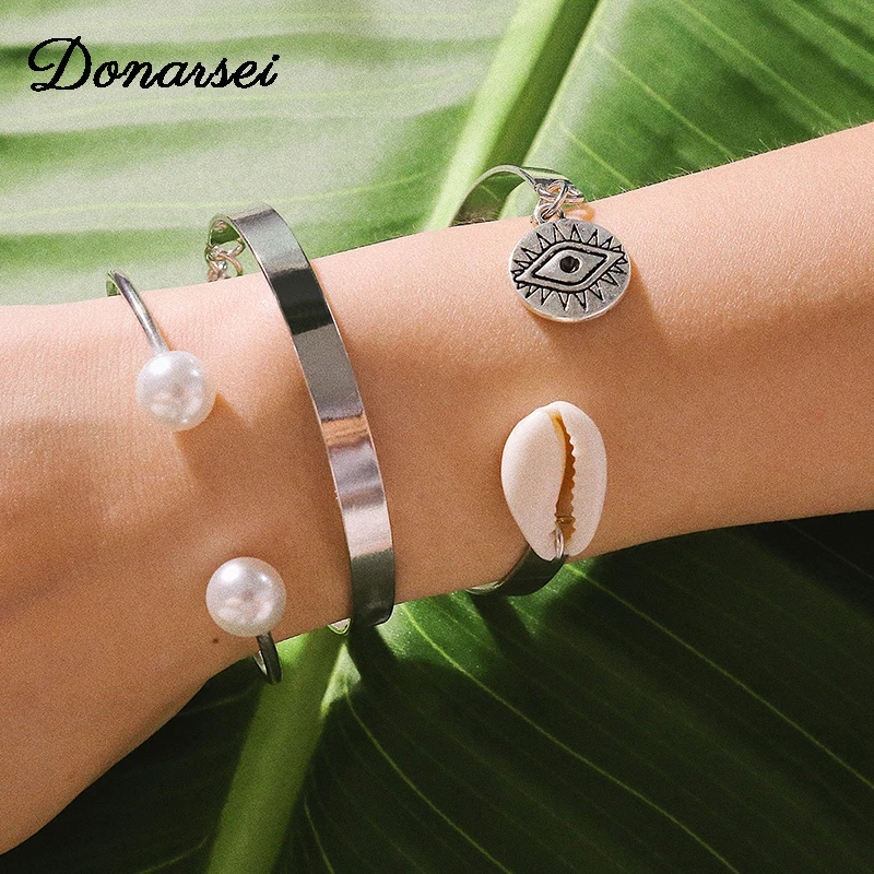 

Donarsei Fashion 3pcs/set Evil Eyes Shell Bracelets For Women Boho Simple Pearl Smooth Cuff Bangle Party