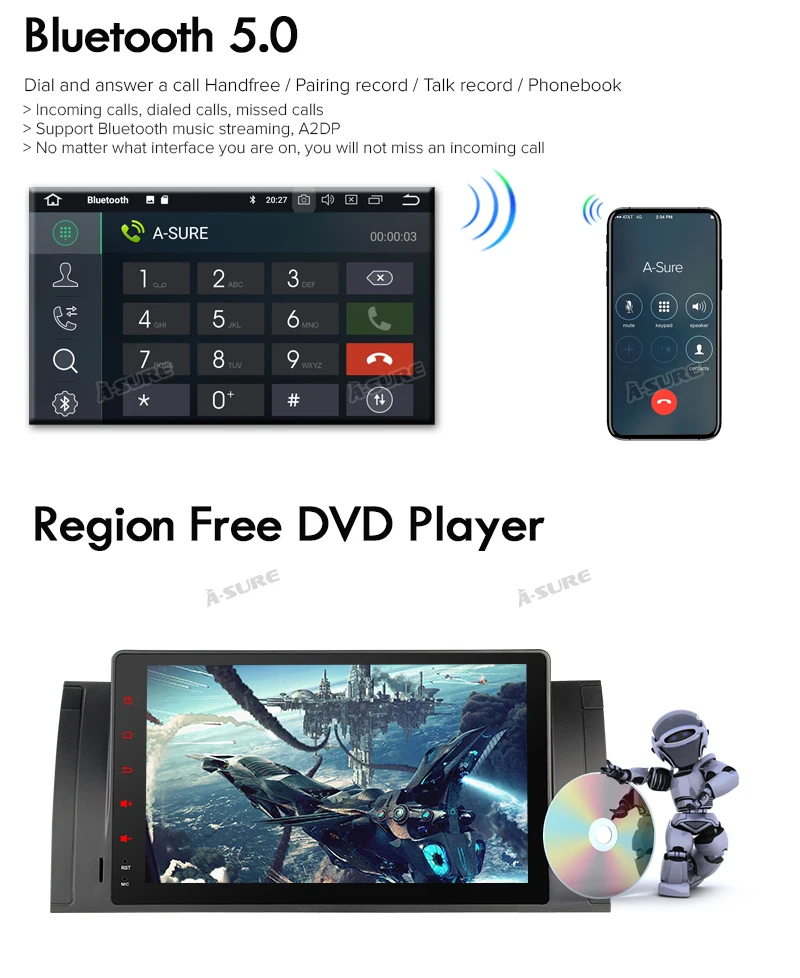 Cheap A-Sure 1 Din 8 CORE 4G RAM Android 9.0 Car Auto Radio GPS DVD Navigation For BMW X5 M5 E39 E53 E38 5er 7er Stereo DAB+ WiFi OBD 17