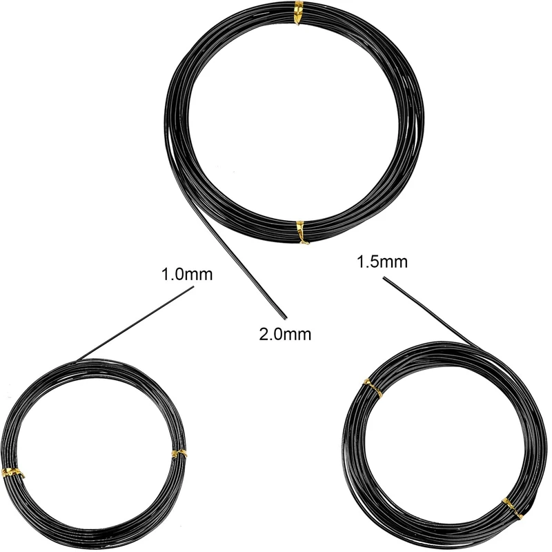 9 рулонов бонсай провода анодированный алюминиевый бонсай тренировочный провод с 3 размерами(1,0 мм, 1,5 мм, 2,0 мм), всего 147 футов(черный