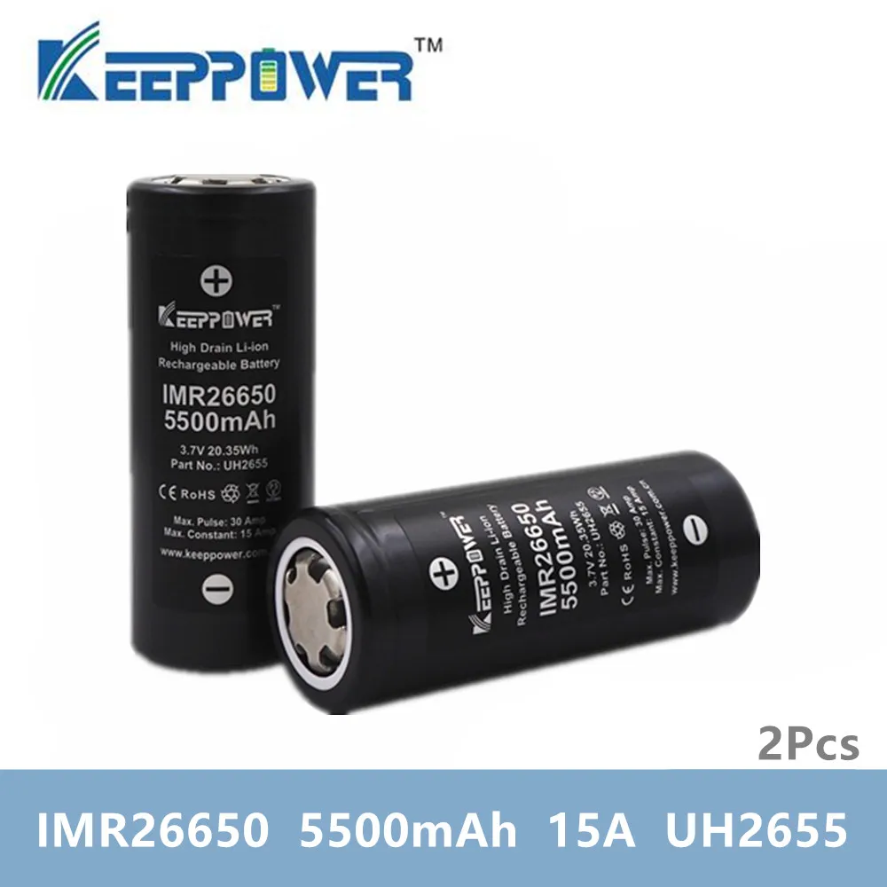 2 шт KeepPower IMR 26650 батареи IMR26650 5500 мА/ч, 15A разрядки 3,7 v литиевая батарея Прямая batteria